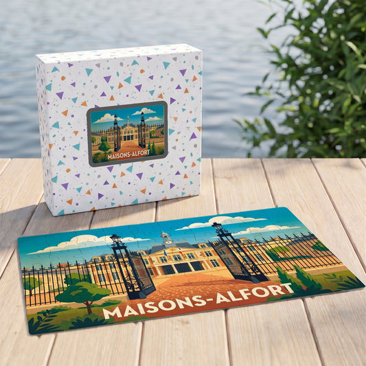 Puzzle souvenir de la ville de Maisons-Alfort avec une illustration stylisée de l'hôtel de ville.