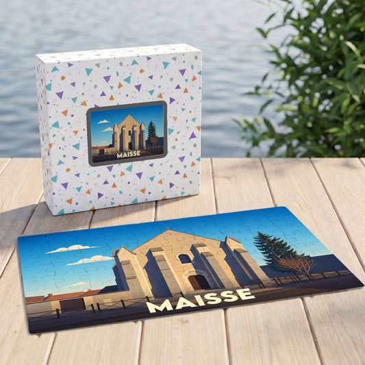 Puzzle souvenir de la ville de Maisse avec une illustration stylisée de son église.