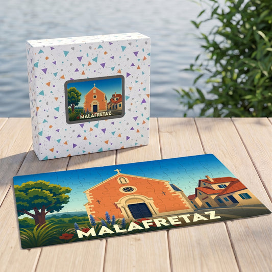 Puzzle souvenir de la ville de Malafretaz avec une illustration stylisée d'une église et de maisons.