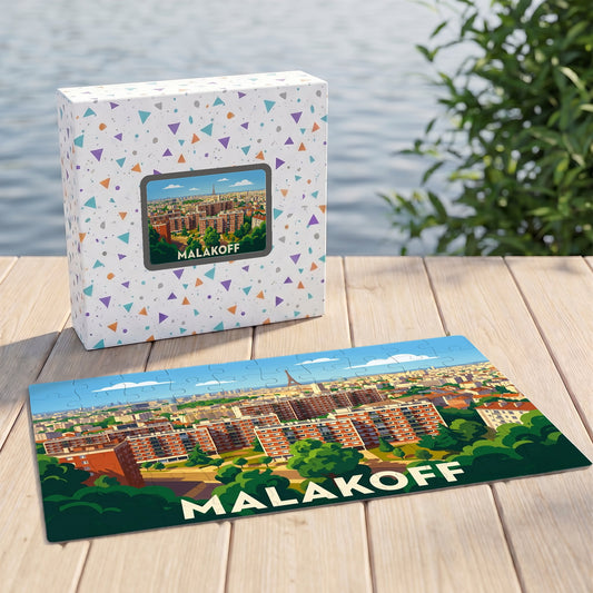 Puzzle souvenir de la ville de Malakoff avec une illustration panoramique stylisée.
