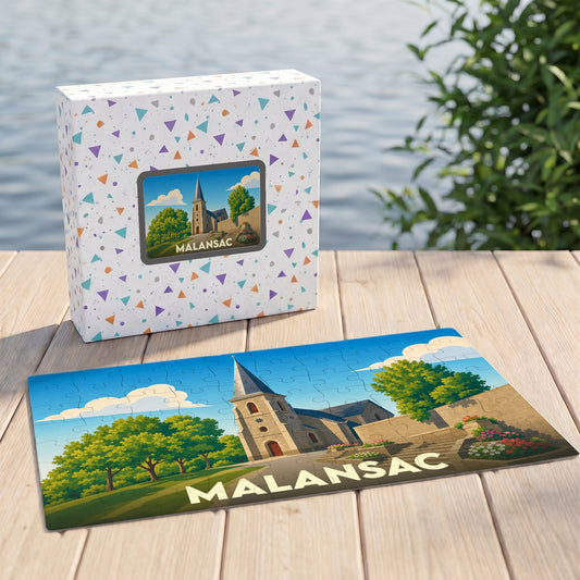 Puzzle souvenir de la ville de Malansac avec une illustration stylisée de son église et de son paysage.