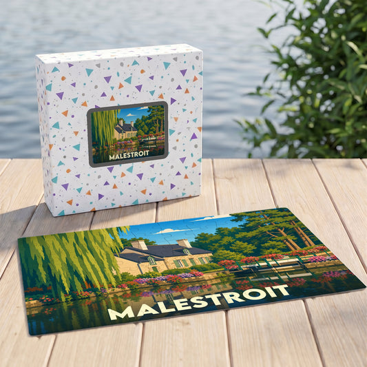 Puzzle souvenir de la ville de Malestroit avec une illustration stylisée d'un paysage fluvial.