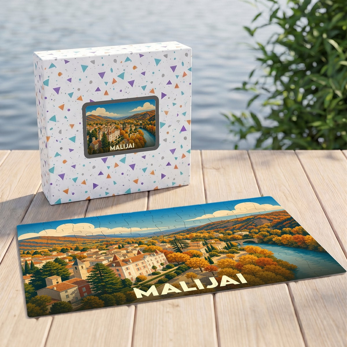 Puzzle souvenir de la ville de Malijai avec une illustration de paysage automnal.