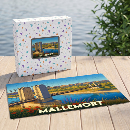Puzzle souvenir de la ville de Mallemort avec une illustration stylisée de son pont suspendu.
