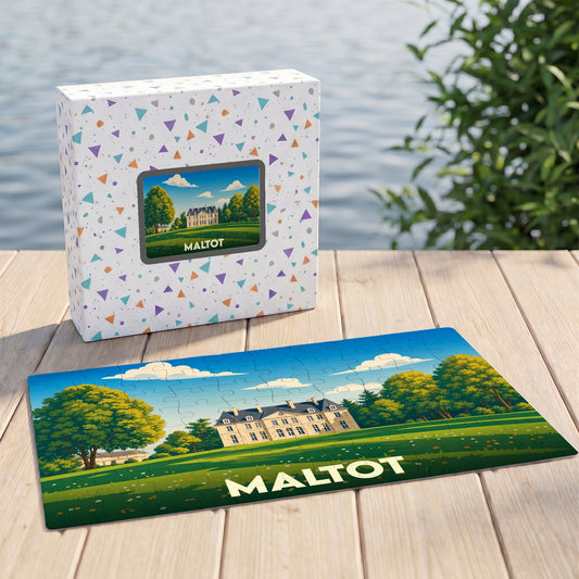 Puzzle souvenir de la ville de Maltot avec une illustration stylisée d'un château dans un parc verdoyant.