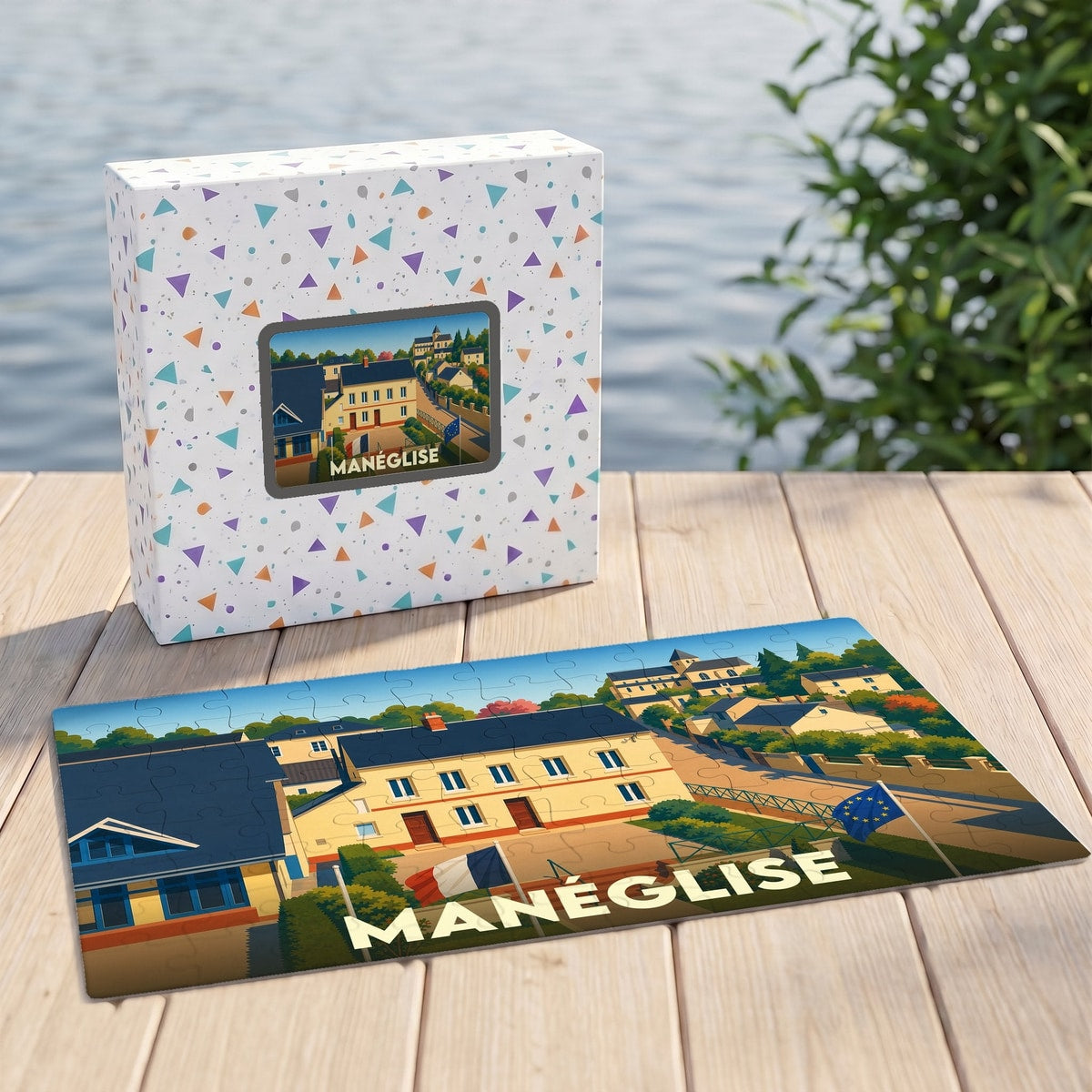 Puzzle souvenir de la ville de Manéglise avec une illustration stylisée d'un paysage urbain normand.