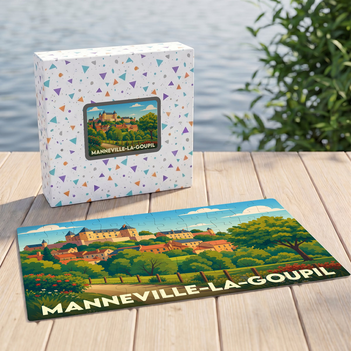 Puzzle souvenir de la ville de Manneville-la-Goupil avec une illustration stylisée d'un paysage normand.