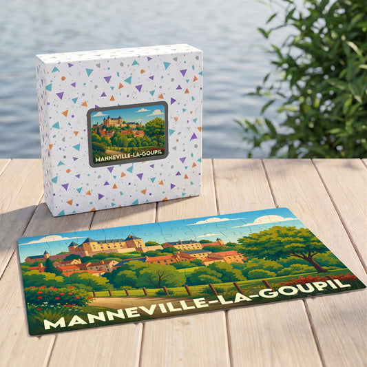 Puzzle souvenir de la ville de Manneville-la-Goupil avec une illustration stylisée d'un paysage normand.