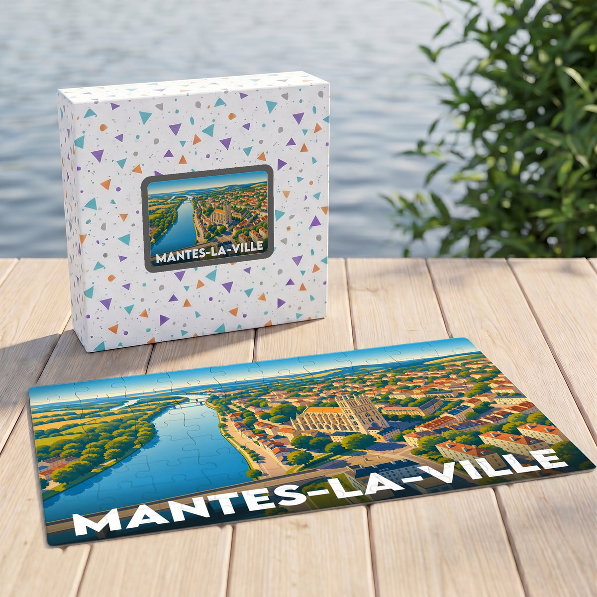 Puzzle souvenir de la ville de Mantes-la-Ville avec une illustration panoramique stylisée.