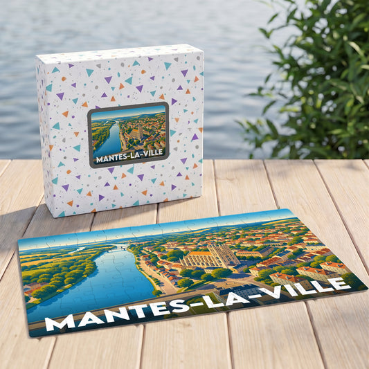 Puzzle souvenir de la ville de Mantes-la-Ville avec une illustration panoramique stylisée.