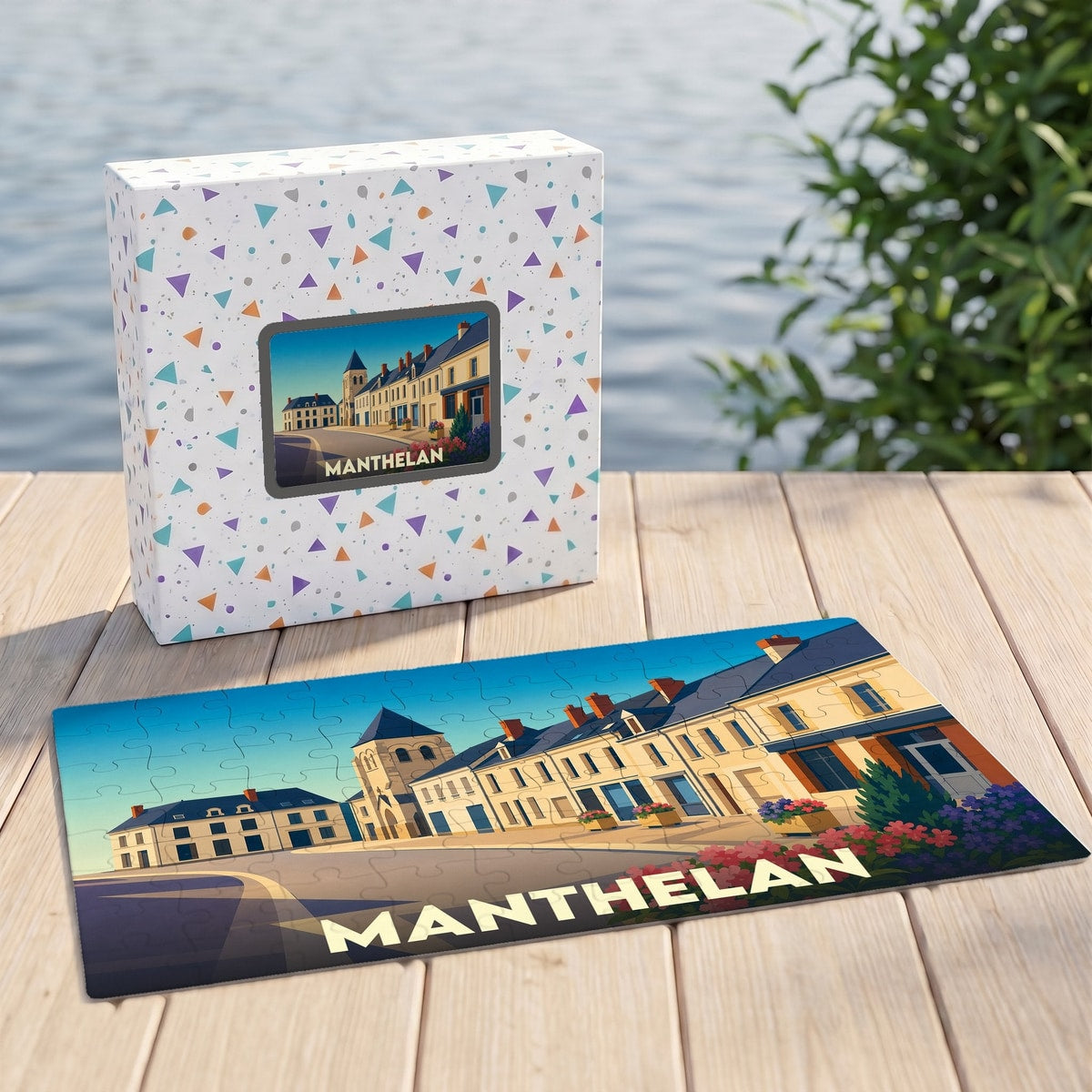 Puzzle souvenir de la ville de Manthelan avec une illustration stylisée de ses bâtiments.