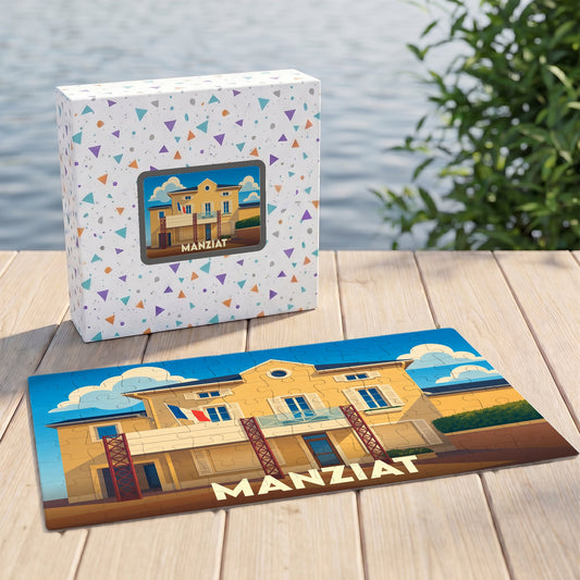 Puzzle souvenir de la ville de Manziat avec une illustration stylisée de sa mairie.