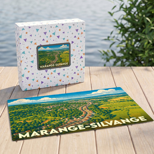 Puzzle souvenir de la ville de Marange-Silvange avec une illustration paysagère stylisée.