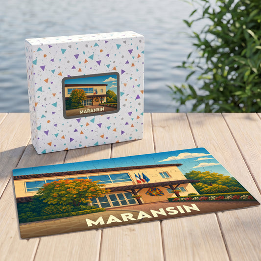 Puzzle souvenir de la ville de Maransin avec une illustration stylisée d'un bâtiment arboré.