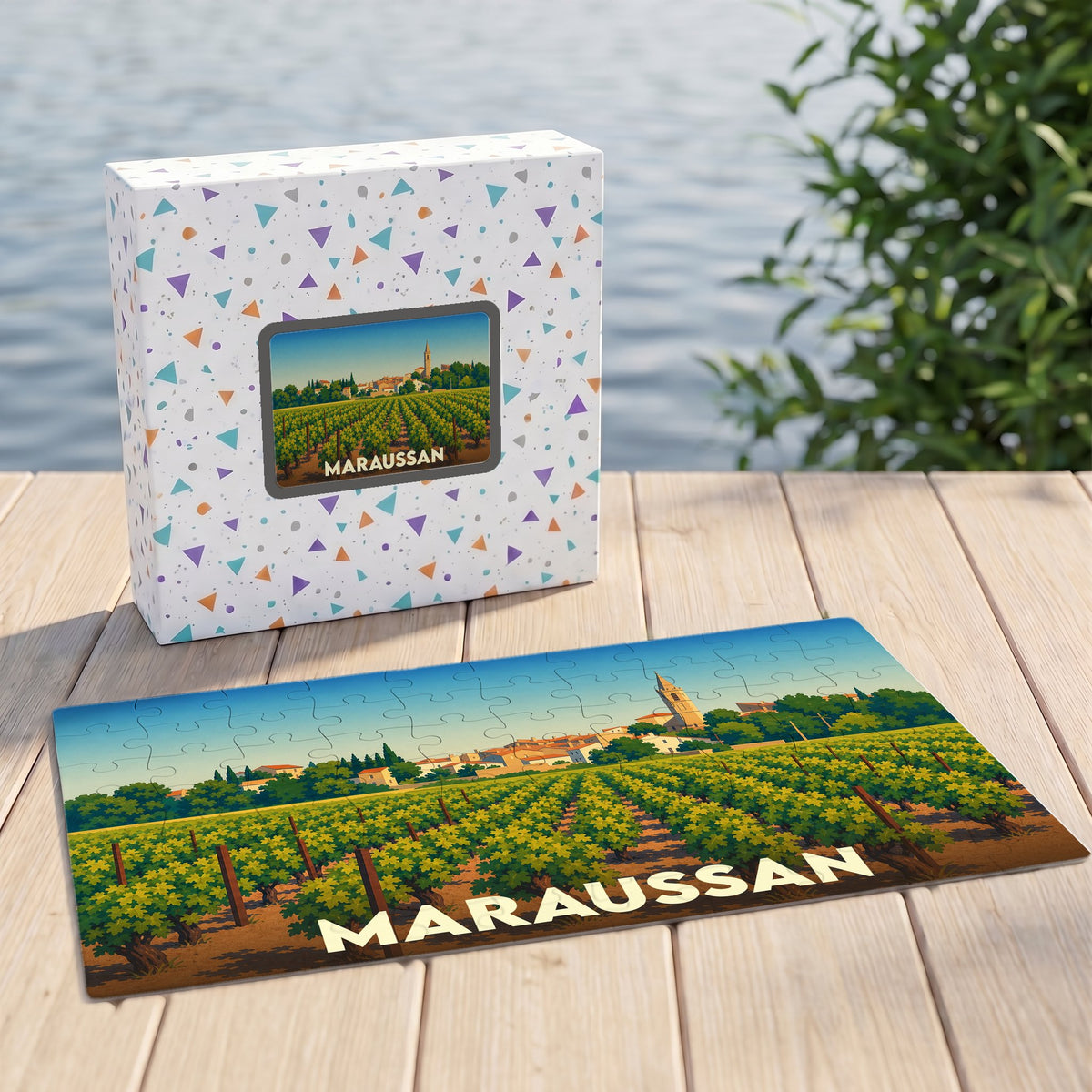 Puzzle souvenir de la ville de Maraussan avec une illustration stylisée de son vignoble.