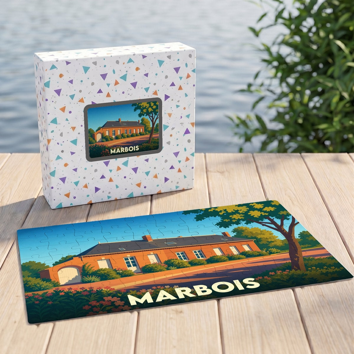 Puzzle souvenir de la ville de Marbois avec une illustration stylisée d'un bâtiment traditionnel.