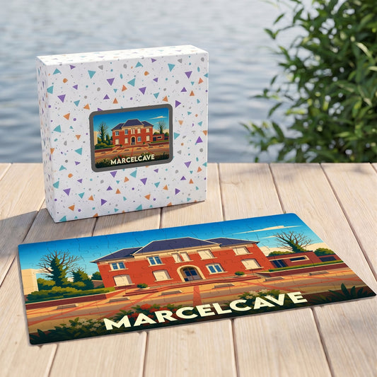 Puzzle souvenir de la ville de Marcelcave avec une illustration stylisée d'un bâtiment en briques rouges.