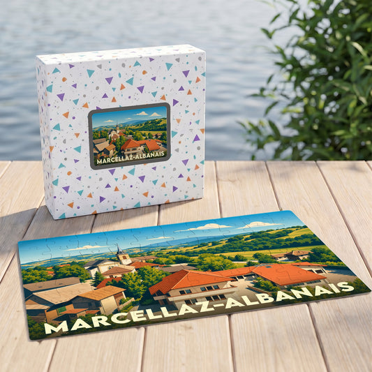 Puzzle souvenir de la commune de Marcellaz-Albanais avec une illustration de son paysage.