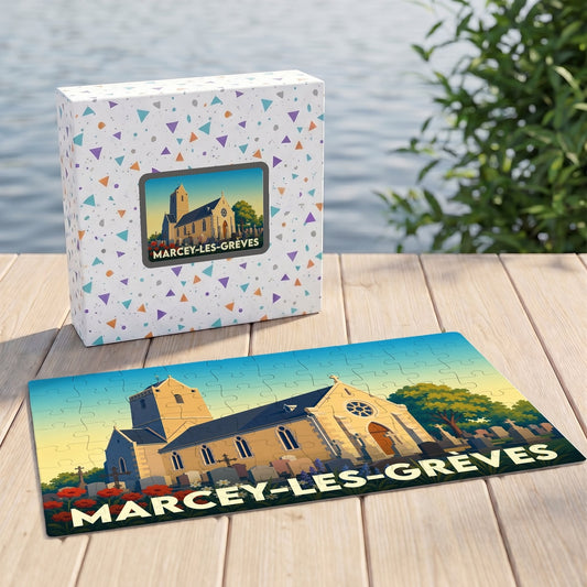 Puzzle souvenir de la ville de Marcey-les-Grèves avec une illustration stylisée de son église.