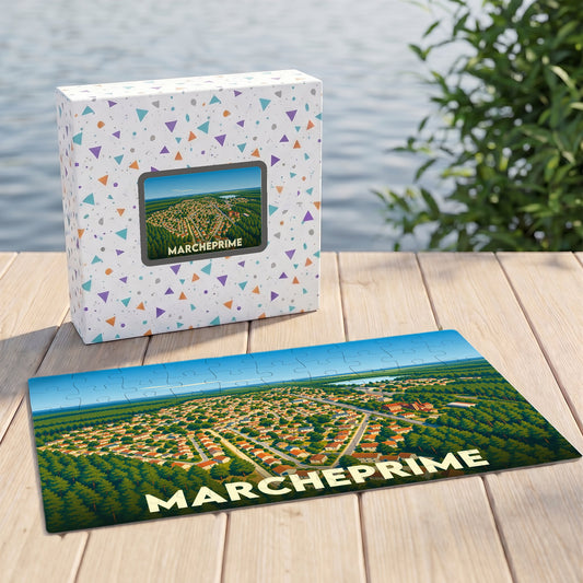 Puzzle souvenir de la ville de Marcheprime avec une illustration aérienne stylisée.