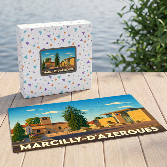 Puzzle souvenir de la ville de Marcilly-d'Azergues avec une illustration stylisée et colorée.