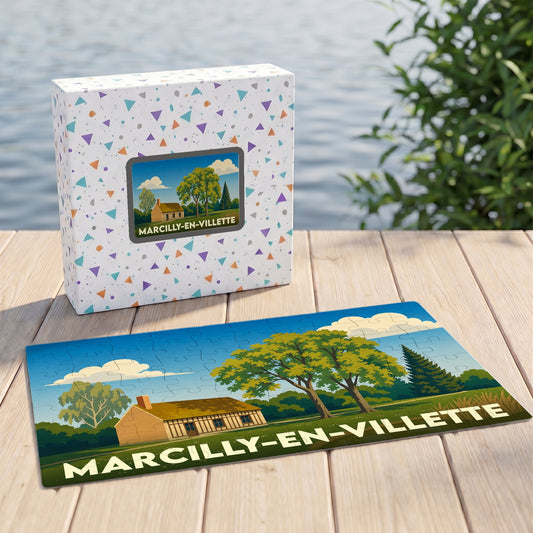 Puzzle souvenir de la ville de Marcilly-en-Villette avec une illustration stylisée de paysage champêtre.