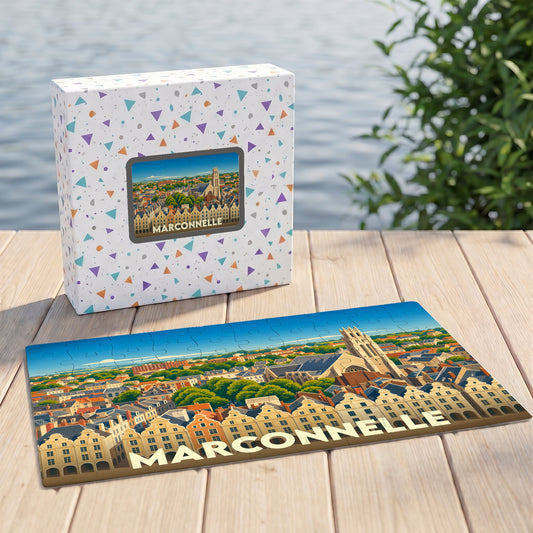 Puzzle souvenir de la ville de Marconnelle avec une illustration panoramique stylisée.