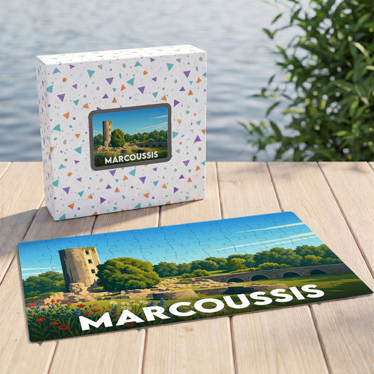 Puzzle souvenir de la ville de Marcoussis avec une illustration stylisée de son patrimoine historique.