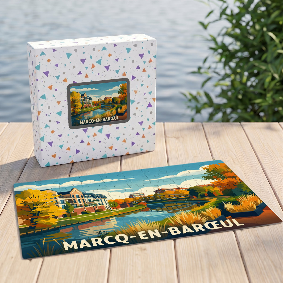 Puzzle souvenir de la ville de Marcq-en-Barœul avec une illustration stylisée d'un paysage urbain au bord de l'eau.