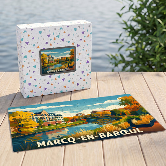 Puzzle souvenir de la ville de Marcq-en-Barœul avec une illustration stylisée d'un paysage urbain au bord de l'eau.