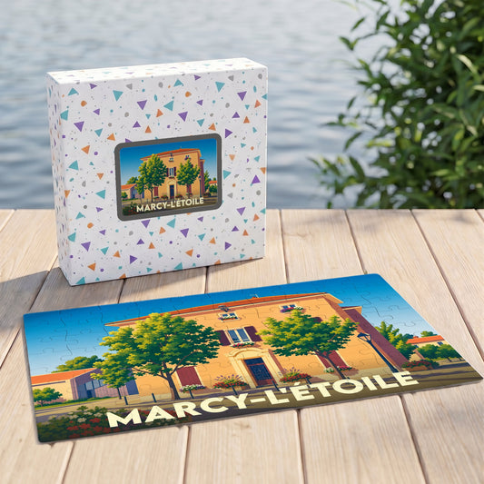 Puzzle souvenir de la ville de Marcy-l'Étoile avec une illustration stylisée et colorée.
