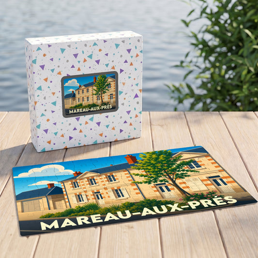 Puzzle souvenir de la ville de Mareau-aux-Prés avec une illustration stylisée de bâtiments traditionnels.