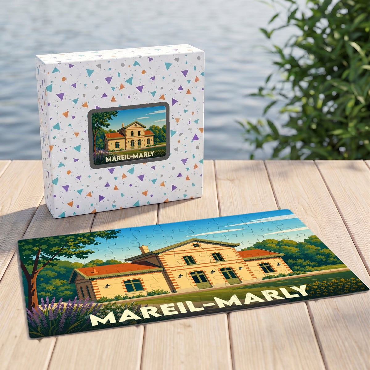 Puzzle souvenir de la ville de Mareil-Marly avec une illustration stylisée d'un bâtiment historique.