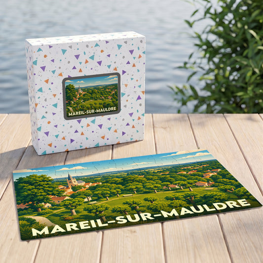 Puzzle souvenir de la ville de Mareil-sur-Mauldre présentant une illustration paysagère verdoyante et stylisée.