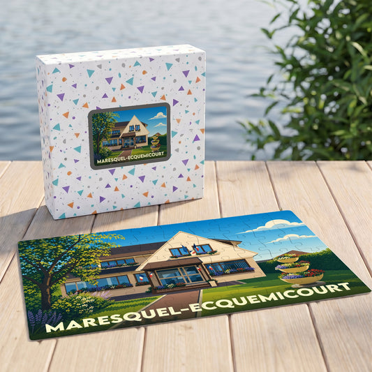 Puzzle souvenir de la ville de Maresquel-Ecquemicourt avec une illustration stylisée de la mairie.