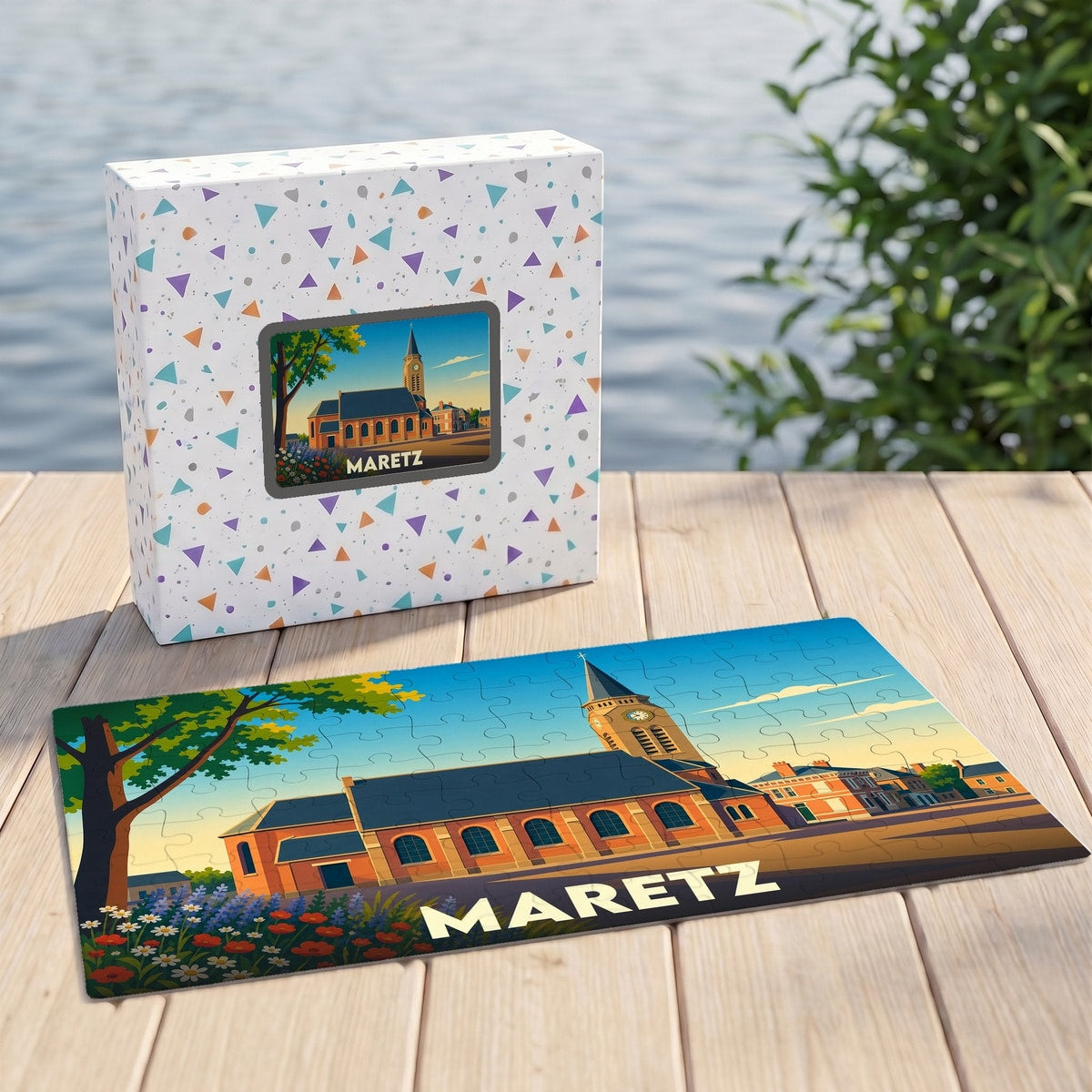 Puzzle souvenir de la ville de Maretz avec une illustration stylisée.