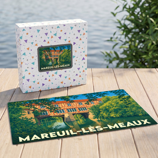 Puzzle souvenir de la ville de Mareuil-lès-Meaux avec une illustration stylisée d'un moulin sur l'eau.