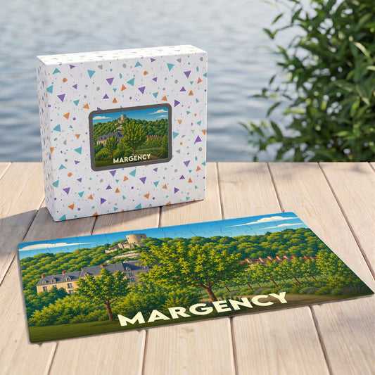 Puzzle souvenir de la ville de Margency avec une illustration stylisée de son paysage et de son patrimoine.