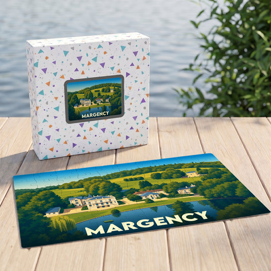Puzzle souvenir de la ville de Margency avec une illustration stylisée de son paysage.