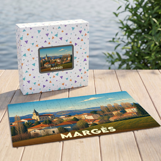 Puzzle souvenir de la ville de Margès avec une illustration stylisée d'un paysage urbain.