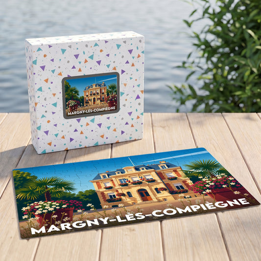 Puzzle souvenir de la ville de Margny-lès-Compiègne avec une illustration colorée de son hôtel de ville.