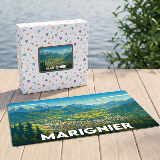 Puzzle souvenir de la ville de Marignier avec une illustration stylisée de sa vallée montagneuse.