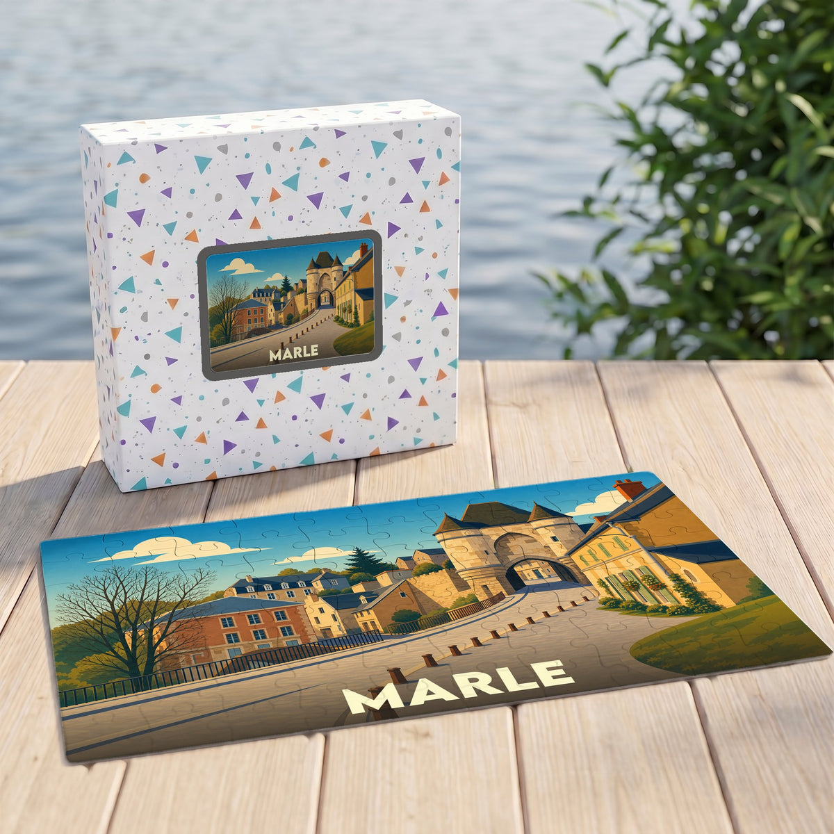 Puzzle souvenir de la ville de Marle avec une illustration stylisée de ses portes historiques.