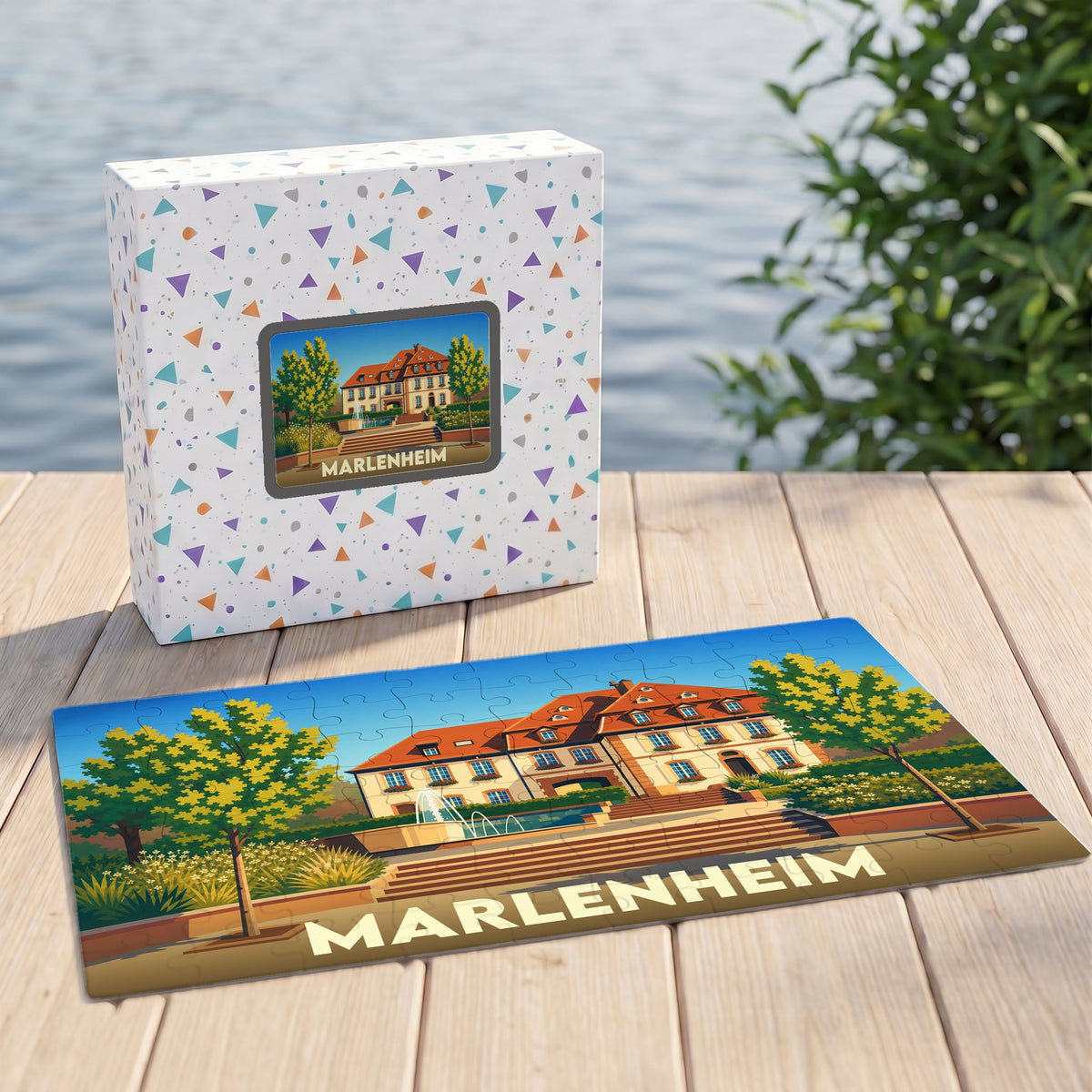 Puzzle souvenir de la ville de Marlenheim avec une illustration colorée de son patrimoine architectural.