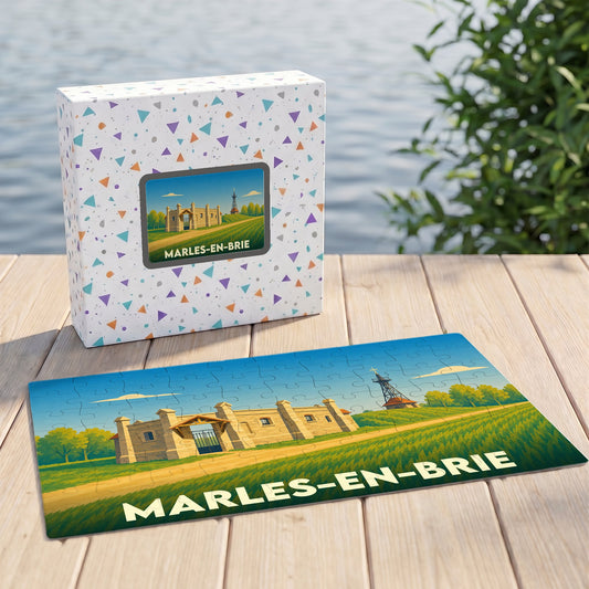 Puzzle souvenir de la ville de Marles-en-Brie avec une illustration stylisée de son paysage et de ses monuments.