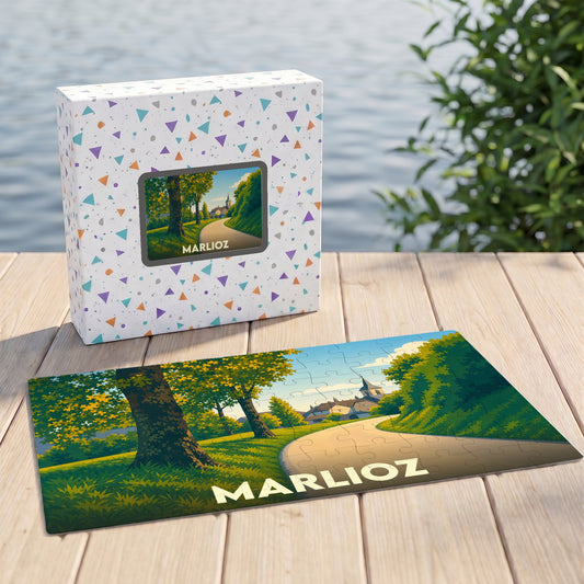Puzzle souvenir de la ville de Marlioz avec une illustration stylisée d'un paysage verdoyant.