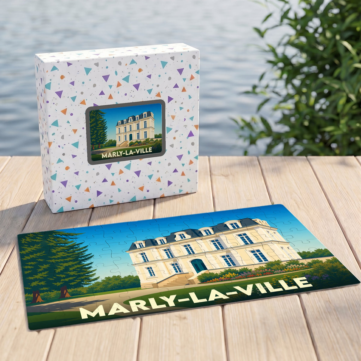 Puzzle souvenir de la ville de Marly-la-Ville avec une illustration stylisée de son patrimoine.
