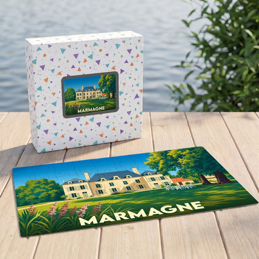Puzzle souvenir de la ville de Marmagne avec une illustration stylisée d'une demeure bourgeoise.