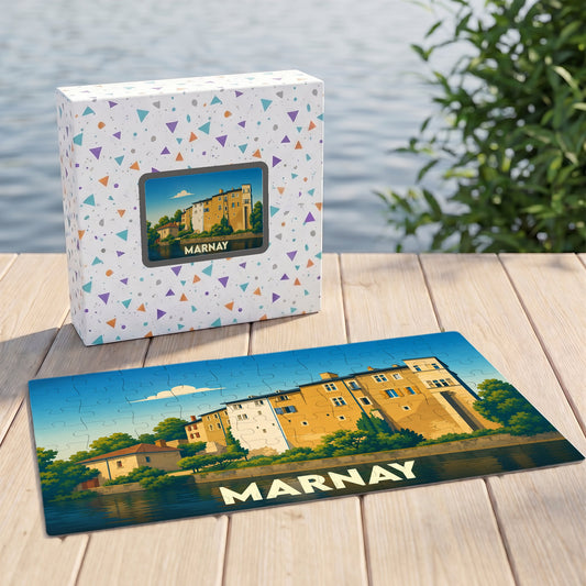 Puzzle souvenir de la ville de Marnay avec une illustration stylisée.