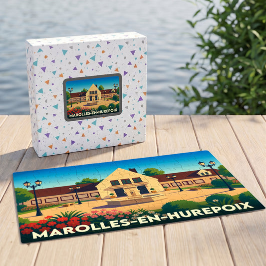 Puzzle souvenir de la ville de Marolles-en-Hurepoix avec une illustration stylisée de son architecture.